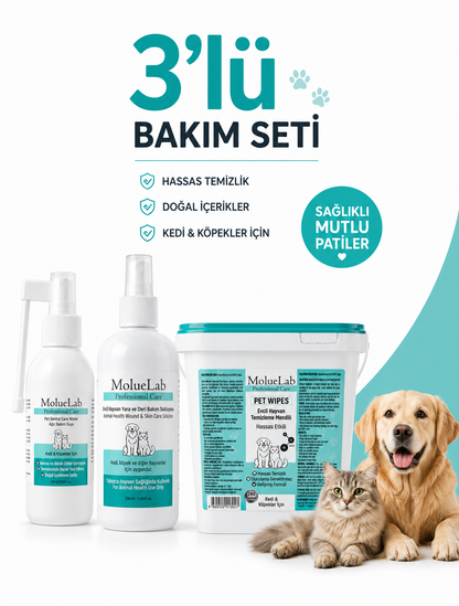 🐾 MolueLab 3’lü Kedi & Köpek Bakım Seti | Ağız Bakım Suyu + Yara ve Deri Bakım Solüsyonu + 280 Yaprak Mendil